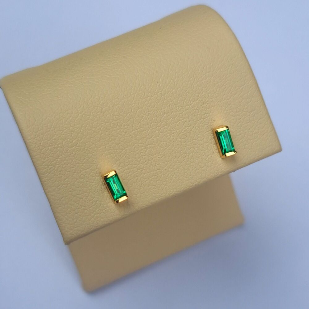 Large Natural Emerald Baguette Earrings in solid 14K yellow gold, May birthstone